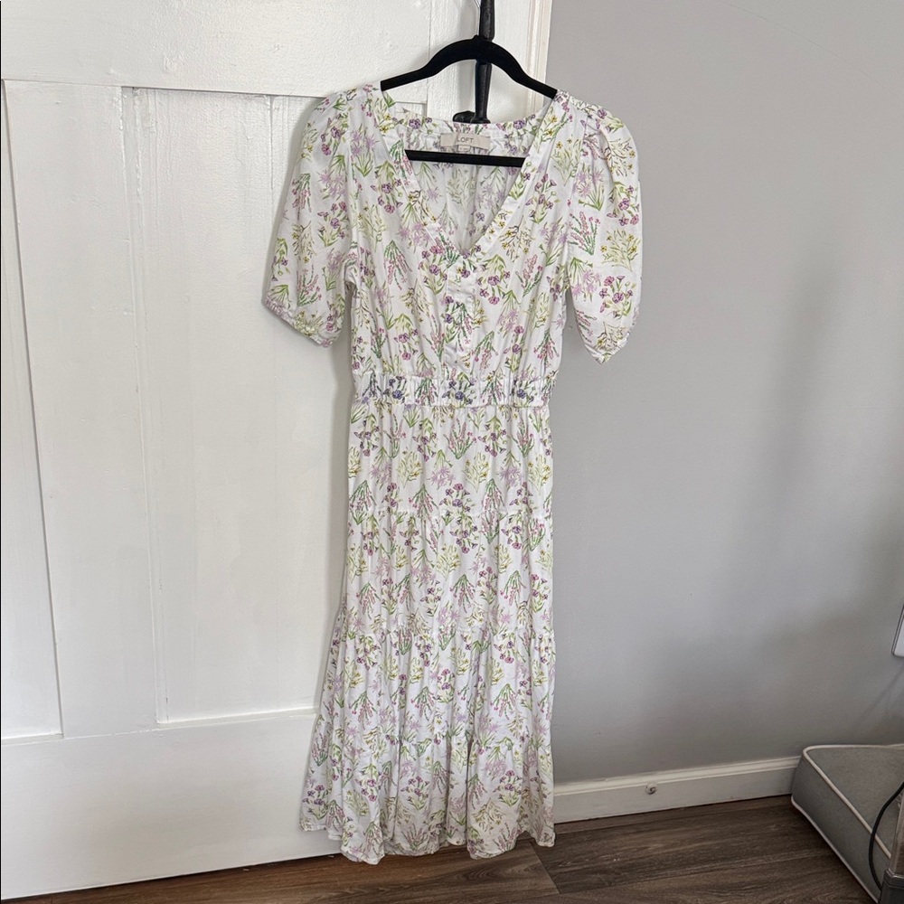LOFT White Maxi Dress with Green and Lavender Floral Pattern 35